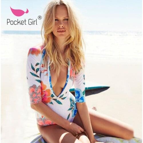 Pocket Girl 2020 Diving One Piece Swimsuit Print Long Sleeve Women Swimwear Print Bathing Suit Rash Guard Surfing Swimming Suit