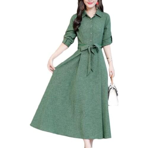 Spring Summer Women Plus size Dress Elegant Temperament Long Dresses Womens Slim Fashion Long-sleeve Cotton Linen Dresses F115
