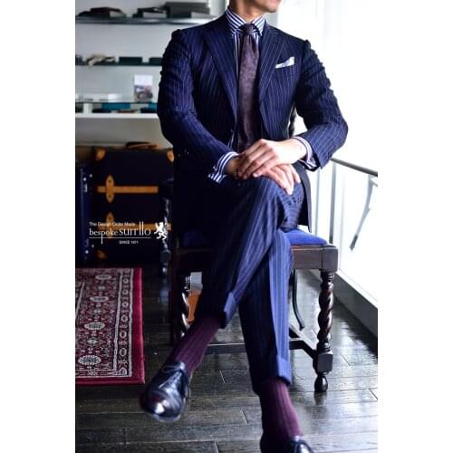 2017 Latest Coat Pant Designs Navy Blue Stripes Men Suit Slim Fit Tuxedo 2 Piece Blazer Prom Custom Brand Suits Terno Masculino