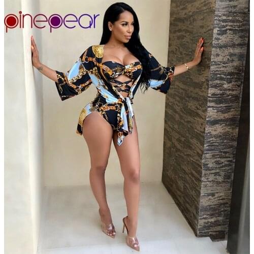 PinePear Gold Chain Print Bandage Bodysuit and Cover Up Bikini Set Swimwear 2019 Summer Women Swimsuit Beach Wear Dropshipping