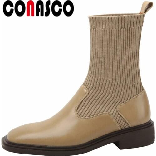 CONASCO Elegant Women Ankle Boots Autumn Winter Warm Cow Leather Party Basic Wedding Prom Office Boots Concise Retro Shoes Woman