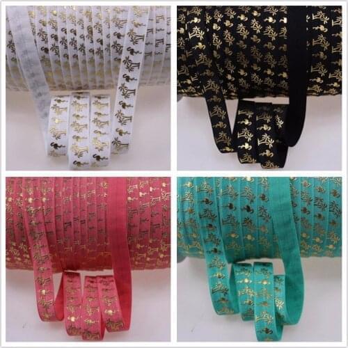 15mm gold foil flamingo & palm tree printed fold over elastic FOE ribbons for hair accessories,100 yards/lot