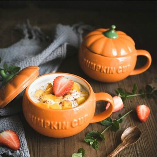 1pc Cute Coffee Mug Ceramic Cup Drinking Cup with Lid Milk Mugs Breakfast Oatmeal Cup Funny Pumpkin Cup Halloween Gift caneca