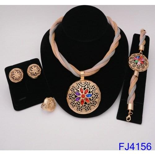 Hot Sale African Jewelry Charm Necklace Earrings Gold Jewelry Sets for Women Wedding Bridal Bracelet Ring Pendant Jewelry Set