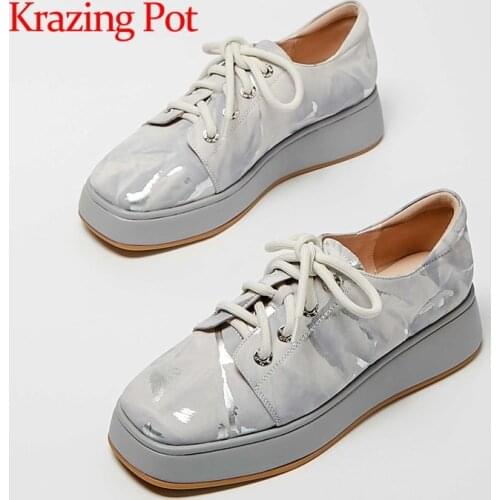 Krazing pot 2021 new arrival genuine leather square toe thick bottom sneaker young lady daily wear casual vulcanized shoes L82