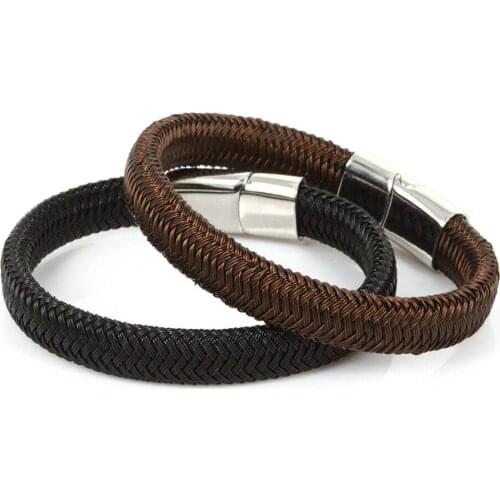 Fashion Genuine Leather Bracelet Men Stainless Steel Leather Handmade Woven Bracelet Magnetic Buckle Punk Style Jewelry Women