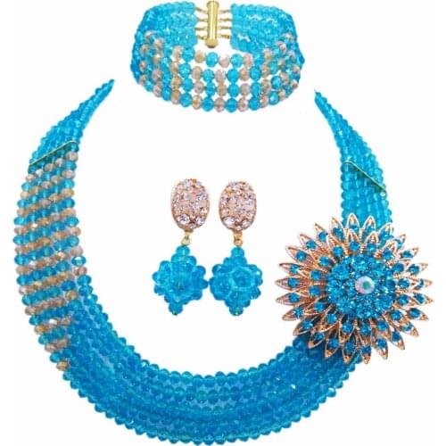 Fashion Sea Blue Gold Multi Strands Statement Necklace Nigerian Wedding African Beads Jewelry Set Crystal 5JZ09