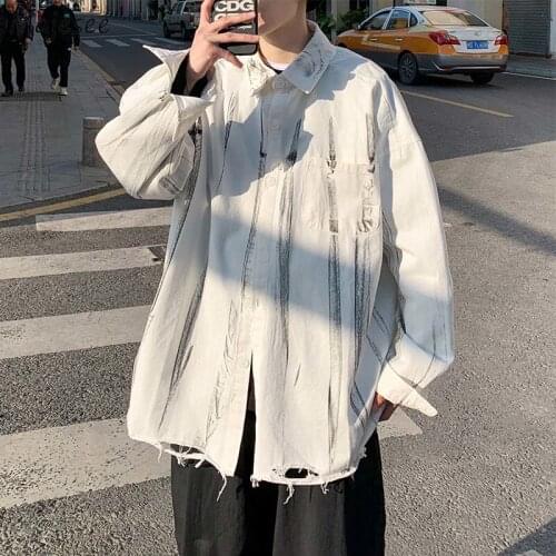 Men Long Sleeve Shirts High Street Distressed Holes Harajuku Vertical Stripe Straight Ins Fashion Hip Hop Spring Handsome Camisa