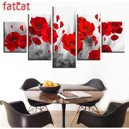 FATCAT 5 Panel Diy Diamond Painting Romantic Poppies Paintings Red Flowers Full Square Round Drill Diamond Embroidery Sale AE917
