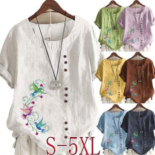 New Womens Summer Casual Fashion Printed Loose T-shirt Retro Round Neck Plus Size Short-sleeved Shirt S-5XL