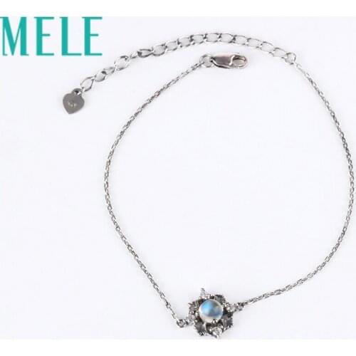 Natural blue moonstone 925 sterling silver charm bracelet for women and girls,fashion trendy and simple gemstone jewelry