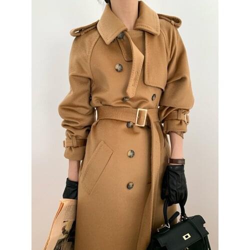 High-quality camel water ripple coat womens elegant double-breasted long woolen European station coat