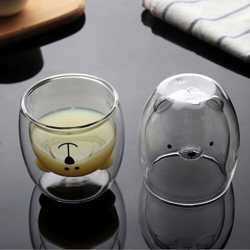 1pc 300ML Clear Cute Cartoon Bear Double-layer Glass Cup Coffee Tea Milk Mug Round Mouth Kitchen Dining Drinkware