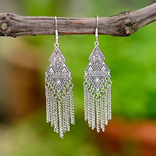 Retro Gold Color Ethnic Style Earrings Triangle Alloy Pendant Geometric Pattern Chain Tassel Earrings 2020 Popular Jewelry Gifts