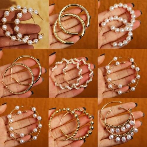 17KM Vintage Oversize Pearl Earrings For Women Girls Brinco Big Hoop Earrings Circle Earring Statement Geometric Fashion Jewelry