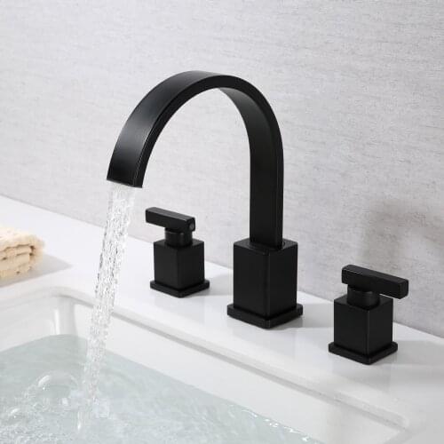 Black solid brass bathroom sink faucet cold hot water mixer faucet three holes two handles with drainer