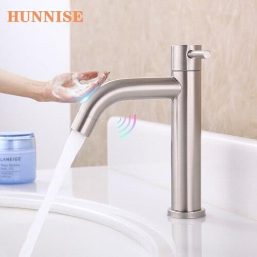 Touch Basin Faucet Brushed Nickel Sensor Bathroom Mixer Tap Single Cold Basin Faucet Smart Touch Bathroom Basin Faucets