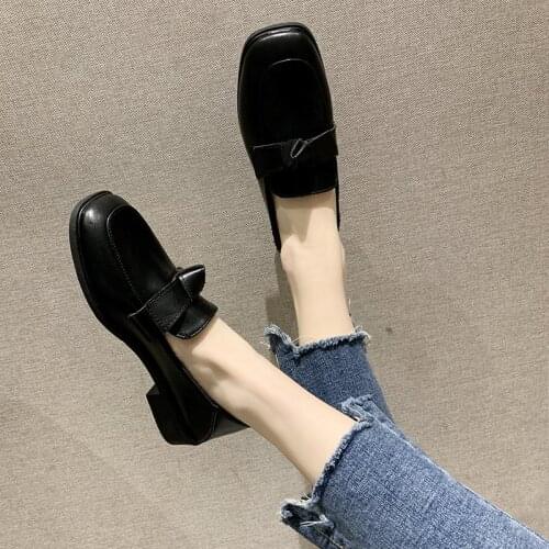 Oxford Shoes For Women 2020 Autumn Solid Black Shoes Woman New Round Toe Bow Knot Slip on Thick Heels Leather Casual Shoes