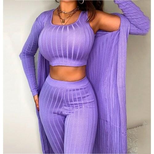 Women Fashion Knitted Three Piece Set Long Cardiagn+crop Top+elastic Waist Pant Suits Female Slim Stretch Casual 3 Pcs
