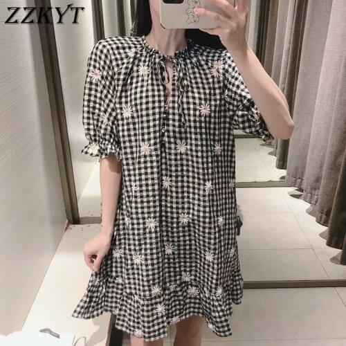ZZKYT 2021 Women Summer Vintage Plaid Embroidery Mini Dress Fashion O-Neck Short Sleeve Ruffles Party Dresses Casual Vestido
