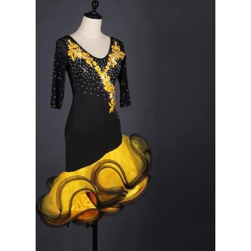 Women Rhinestone Salsa Samba Cha Cha Competition Dresses Sexy Latin Dance Dress Yellow Ballroom Rumba Dancing Wear