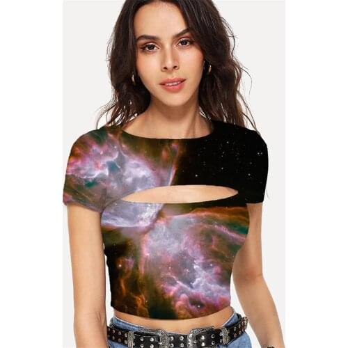 Somepet Butterfly T shirt Women Galaxy Hollow Out T shirts Nebula Navel Bare Abstract Tshirts Casual Womens Clothing Summer