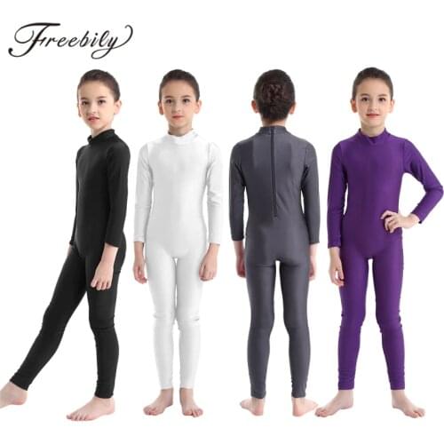 Kids Girls Long Sleeve Zippered Ballet Dance Gymnastics Unitard Catsuit Stirrup Nylon Lycra Show Stage Wear Leotard Bodysuit