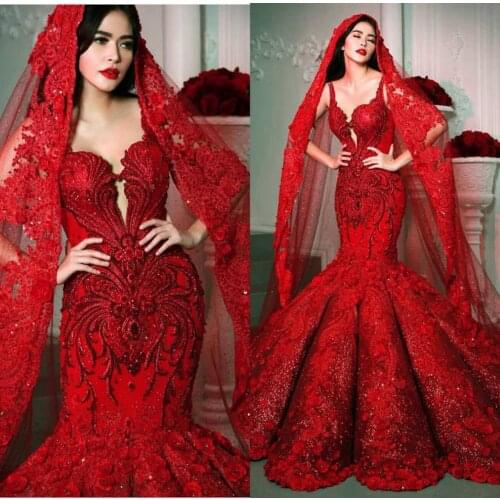 Crystal Red Mermaid Prom Dresses Beading Spaghetti 3D Flower Appliques Evening Gowns Floor Length Party Dress robes de mariée