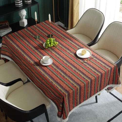 American Retro Red Striped Cotton And Linen Printed Lace Table Cloth Bohemian Birthday Party Wedding Coffee Table Tablecloth