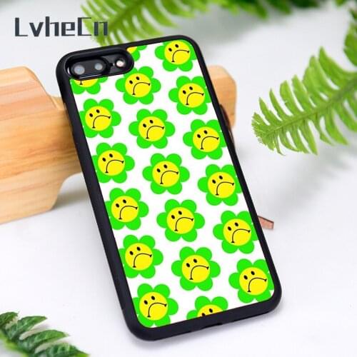 LvheCn Silicone Rubber Phone Case Cover for iPhone 6 6S 7 8 Plus X XS XR 11 12 Mini Pro Max Neon Green Frown Smiley Flower