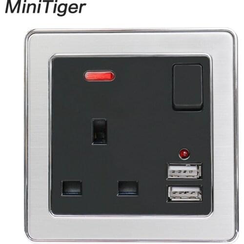 Minitiger Wall Power Socket UK Standard Socket With Neon 2.1A Dual USB Charger Port Stainless Steel Frame Black Outlet