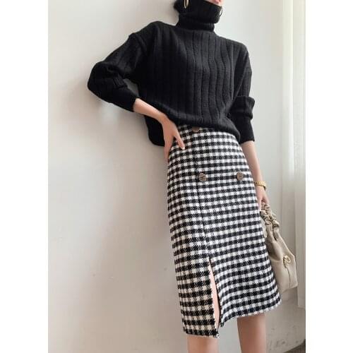 The new houndstooth woolen skirt Korean style temperament all-match thinner, one-step split A-line skirt