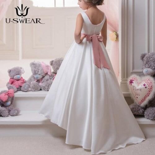 2020 New Flower Girl Dresses Satin A-Line Kids Evening Pageant Ball Gown Sleeveless First Communion Dresses for Girls