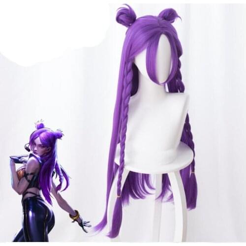 Anime LOL K/DA Kaisa Cosplay Wig 80cm Long Straight Heat Resistant Synthetic Hair Game Costume Party Wig Purple + Wig Cap