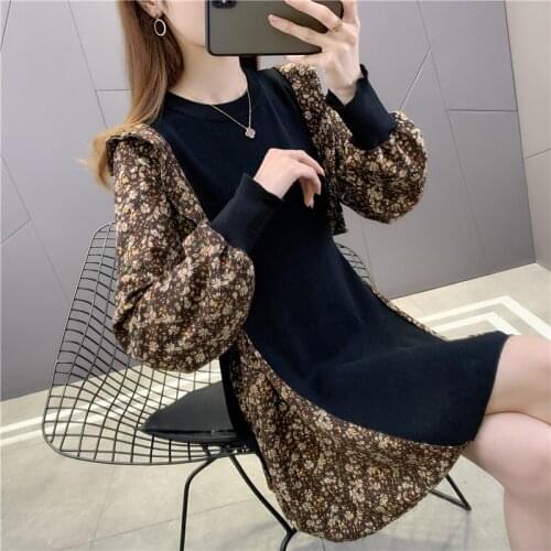 19593 (1 room, 1 row, 1 upper) real round neck floral matching Pullover dress 73