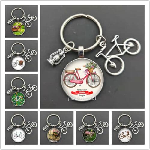 Romantic Comic Style Bicycle Key Ring Car Key Chain Art Picture Glass Cabochon Metal Pendant Keychain Gift for Girlfriend