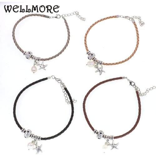 WELLMORE FASHION Leather Anklets for Women Girls Foot Jewelry Holiday Beach Bracelet Anklet strap natural shell beads anklets