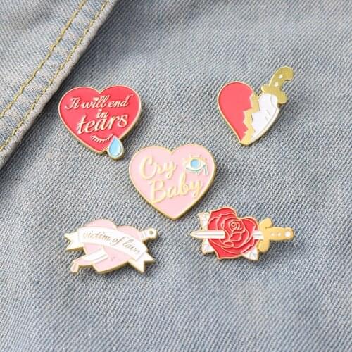 Victim of Love Enamel Pins Wholesale Custom Cry Baby Heart Rose Dagger Tears Brooches Lapel Badge Pink Cartoon Pin for Friends