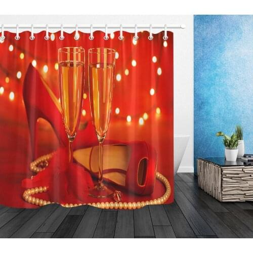 Valentines Day Romantic Red Shower Curtain For Bathroom Decoration High Heels Champagne Pearl Beads Creative Shower Curtains Set