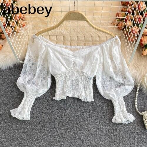 2021 New Summer Sweet V-neck lantern sleeve off shoulder Shirt high waist pleated waist hollow out hook lace short Shirt Top