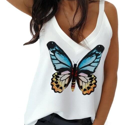 Women Blouse Summer Butterfly Printed Tanks Tops Sleeveless Streetwear Sexy Off Shoulder V Neck Loose T Shirt 2021 New Fashion