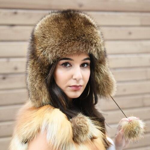 CX-C-52 100% Real Raccoon Fur Womens Russian Aviator Hat Caps Earflap Winter Hat
