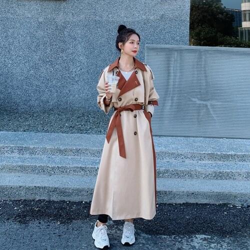 Womens Windbreaker Patchwork Coat Women Casual Womens Autumn Coat Loose Womens Long Trench Coat Sashes Trench Coat Female
