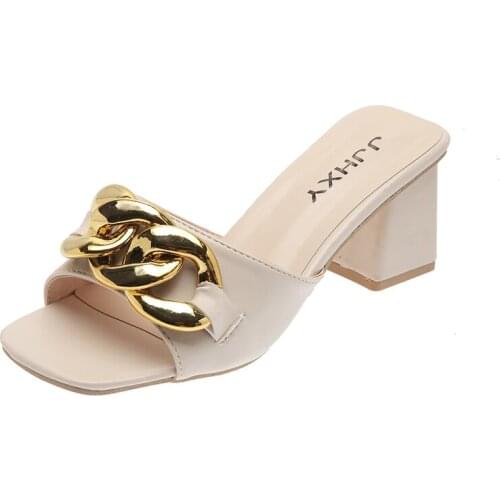 Big Size Women Chunky High Heels Big Gold Chain Street Style Mules Slippers Fashion Block Heeles Summer 2021 Ladies Sandals