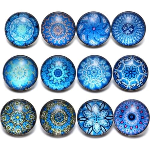 12pcs/lot Blue Series Theme Beautiful Exotic Pattern 18mm Snap Button Charms For 18mm Snaps Bracelet Snap Jewelry KZ0630