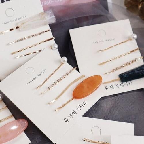 4PCS 2019 New Korea Fashion Hair Accessories Crystal Imitiation Pearl Hairpins Hair Clips for Women Geometric Resin Hairgrip