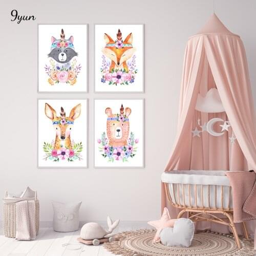 Watercolor Woodland Cartoon Nursery Poster Boho Flowers Fox Deer Bear Wall Art Prints Canvas Painting Baby Room Decoration