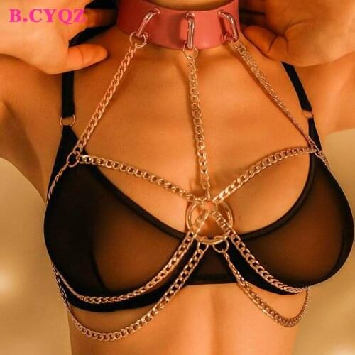 B.CYQZ Leather Harness Set Metal Chain Tassels Body Bondage Lingerie Sexy Bra Cage Leg Garters Suspenders Straps Gothic Belt New