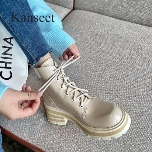Kanseet Lace-Up Martin Boots 2021 Autumn Winter New Womens Ankle Boots Cow Leather Chunky Heels Platform Round Toe Short Boots