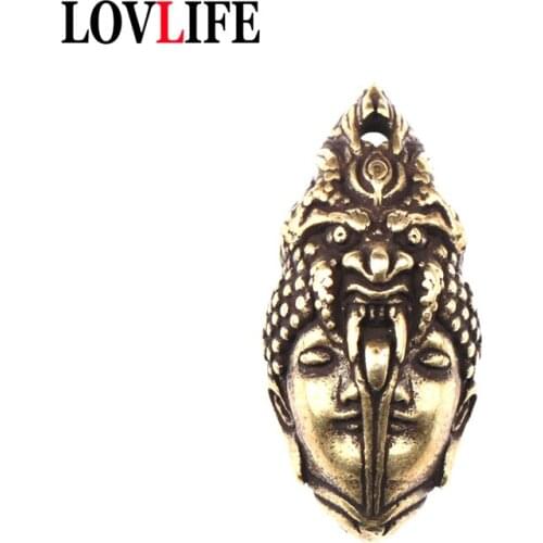 Pure Brass Buddha Devil Head Key Chain Rings Pendants Vintage Copper Evil Kindless Double Heads Keychains Hangings Punk Jewelry